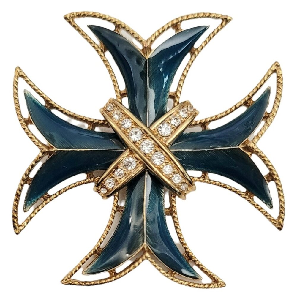 Monet Vintage Gold Tone Teal Enamel Maltese Cross Brooch, Signed